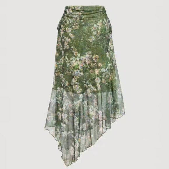 NWOT Y2K Asymmetrical Floral Midi Skirt Sz.M Green Mesh 90s Fairy Grunge Boho - Picture 5 of 11